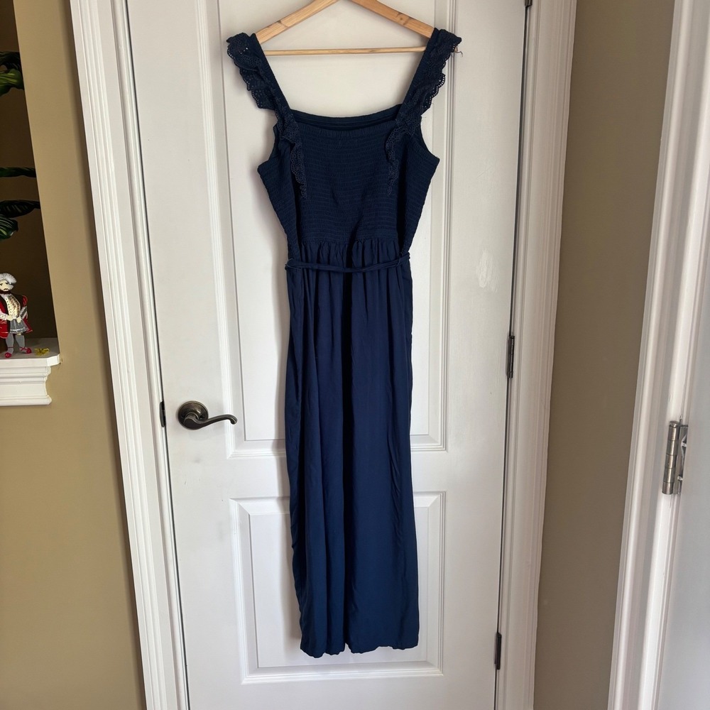 Maurices Navy Blue Smocked Eyelet Lace Wide Leg Jumpsuit XL Boho Romper - Picture 3 of 10